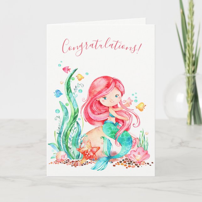 Carte Mignonne sirène d'aquarelle sous le Baby shower ma (Devant)