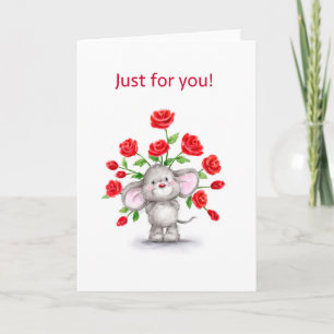 Carte Mignonne souris aux roses rouges, juste pour vous