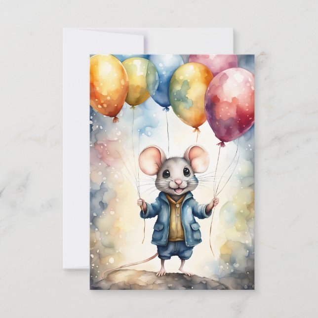 Carte Mignonne souris avec ballons colorés, Anniversaire (Devant)