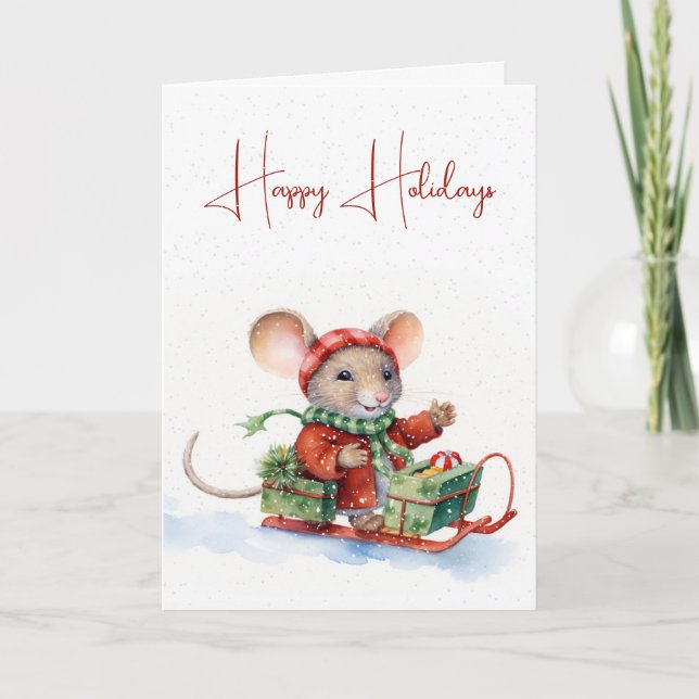 Carte Mignonne Souris De Noël Sur Un Balancier (Devant)