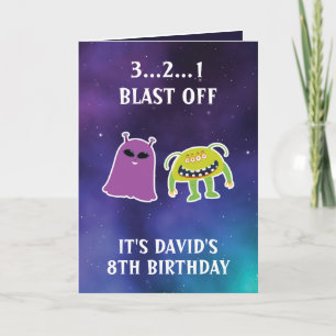Carte Mignonne Violet Blue Space Monstres 8e anniversair