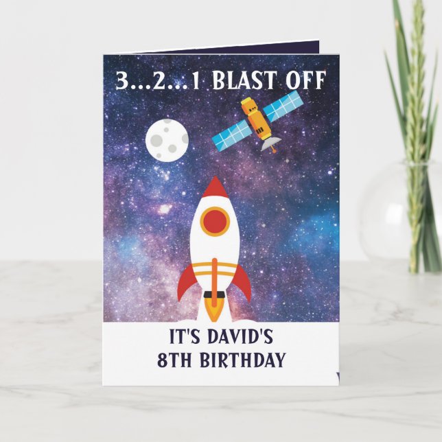 Carte Mignonne violet Blue Space Rocket Lune 8e annivers (Devant)