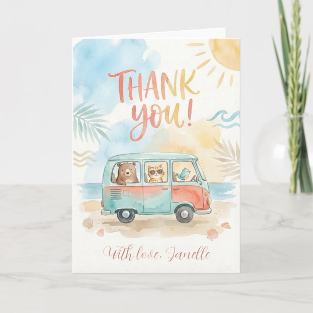 Carte Mignons Animaux de Fourgon de Plage Merci Merci Ét (Devant)