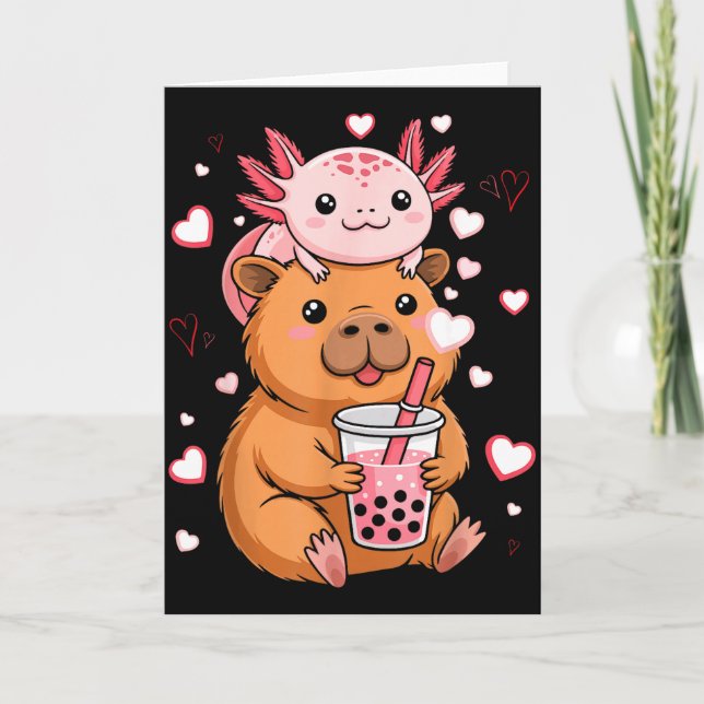 Carte Mignons Garçons Filles Axolotl Capybara Bubble Tea (Devant)