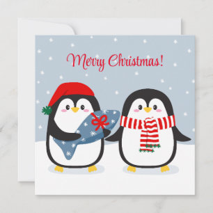 Carte Mignons manchots avec un cadeau