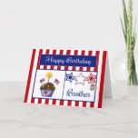 Carte Military Brother Birthday Card<br><div class="desc">This Patriotic Birthday Card will make your military Brother smile. This colorful card features a red and white striped background, chocolate cupcake with stars, American Flags, a flag heart and a candle, red, white & blue stars, a dog tag embossed with "USA" and a blue banner with the text "Happy...</div>