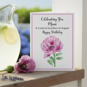 Carte Mimi Joyeux Août Anniversaire Pavot Violet