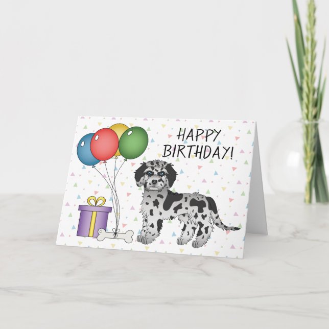 Carte Mini Goldendoodle Blue Merle Joyeux Anniversaire (Devant)