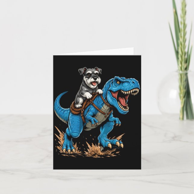 Carte Miniature Schnauzer à cheval sur T Rex Dinosaure D (Devant)
