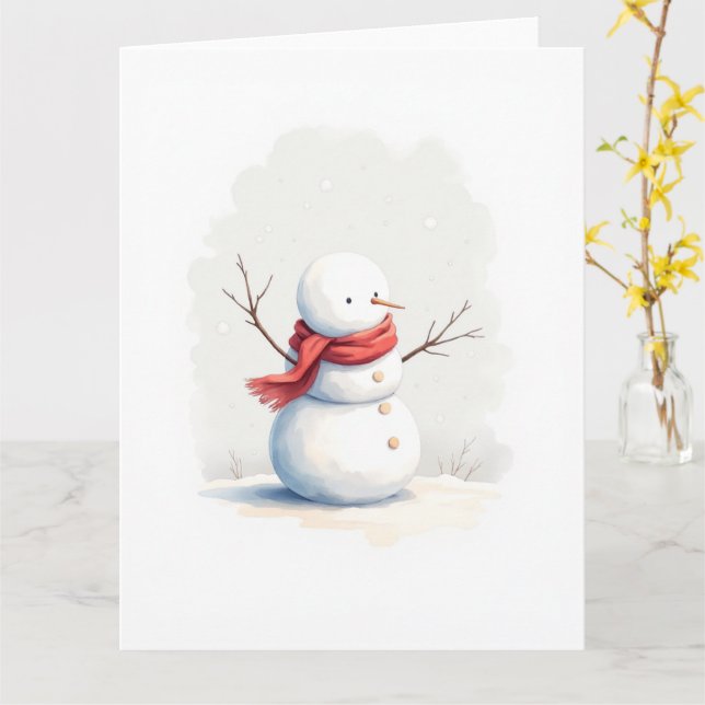 Carte Minimal Snowman Red Scarf Watercolor Christmas Art (Fleur jaune)