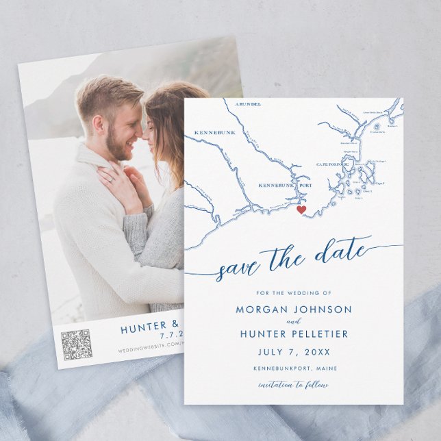 Carte minimale moderne Kennebunkport Maine (Kennebunkport Map Wedding Save the Date in Modern Navy Blue with QR Code from Coastal Map Designs)