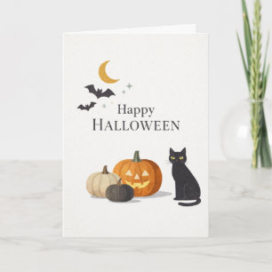 Carte Minimaliste Citrouille Orange Chat Noir Halloween