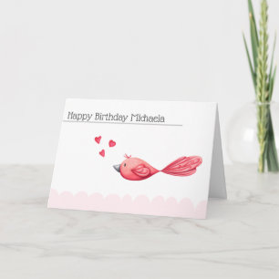 Carte Minimaliste Coeurs roses et oiseaux Joyeux anniver