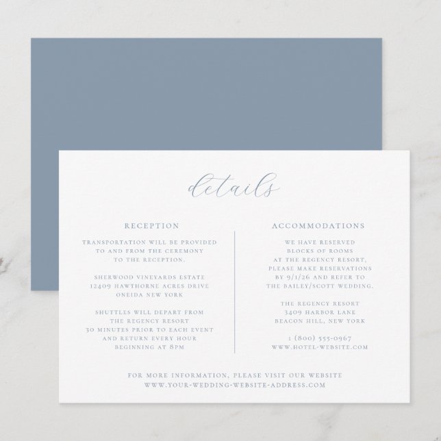 Carte minimaliste Dusty Blue Mariage Détails (Devant / Derrière)
