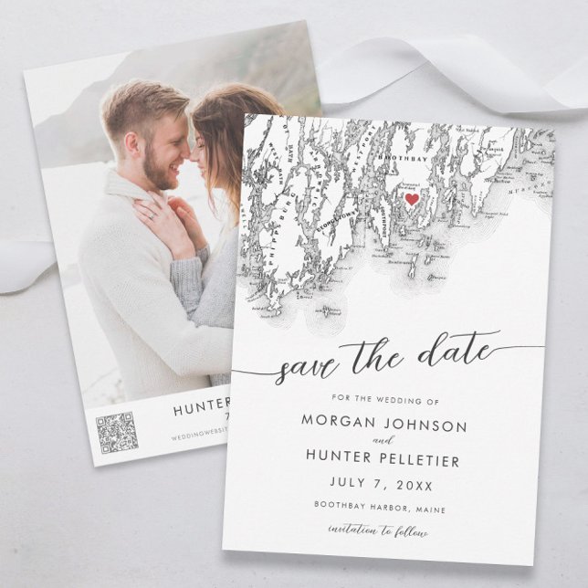 Carte minimaliste moderne Boothbay Harbour Maine (Boothbay Harbor Maine wedding save the date minimal modern black and white by Coastal Map Designs)