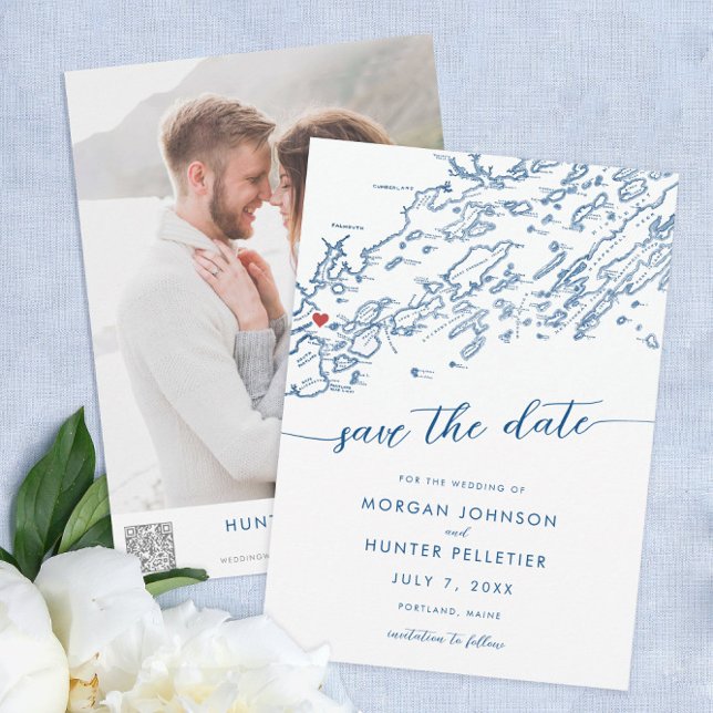 Carte minimaliste moderne Portland Maine (Portland Maine Wedding Save the dates minimal modern navy blyue from Coastal Map Designs)
