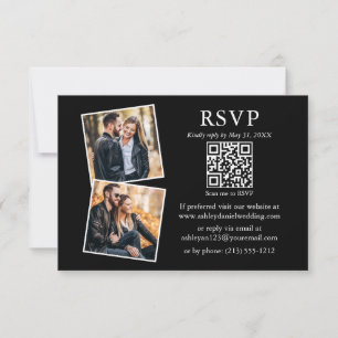 Carte Minimaliste simple noir 2 photo Mariage QR RSVP