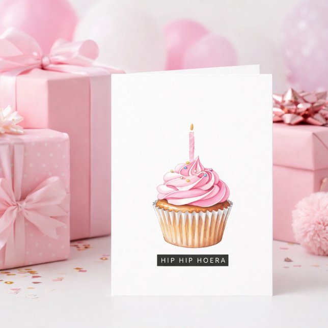 Carte Minimalistische Hip Hip Hoera Roze Cupcake Jarig  (Créateur téléchargé)