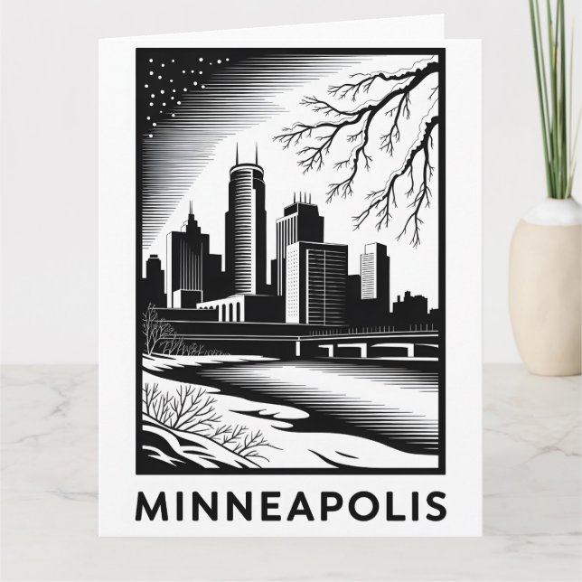 Carte Minneapolis Minnesota Skyline Noir Blanc Gravure s (Devant)