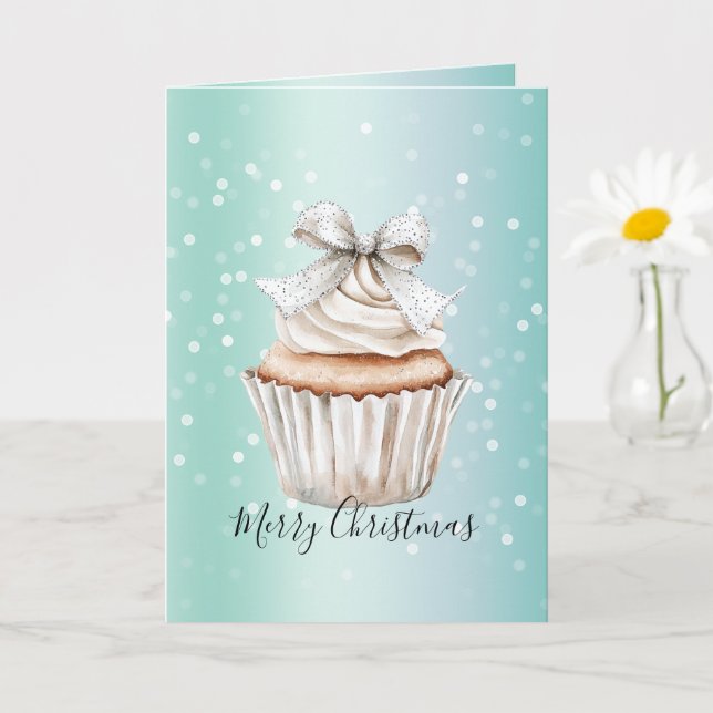 Carte Mint White Bokeh Dots Bow Cupcake Christmas (Petite plante)