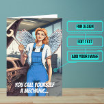 Carte Miracle Worker Funny Femme Mécanique Anniversaire<br><div class="desc">Vous avez besoin d'une carte d'anniversaire unique pour votre talentueux ami mécanicien ? Cette grande carte est unique et colorée et présente un mécanicien féminin et une blague sur le fait d'être un travailleur miracle. Il est suivi d'un message sincère. A l'intérieur nous avons écrit juste le bon message pour...</div>