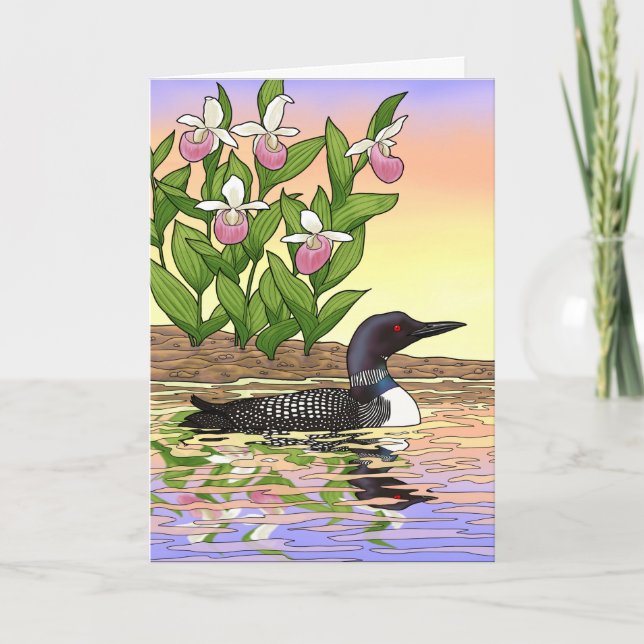 Carte MN State Bird Flower Loon Lady Slipper (Devant)