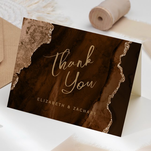 Carte Mocha Brown Gold Agate Script Wedding Thank You (Créateur téléchargé)