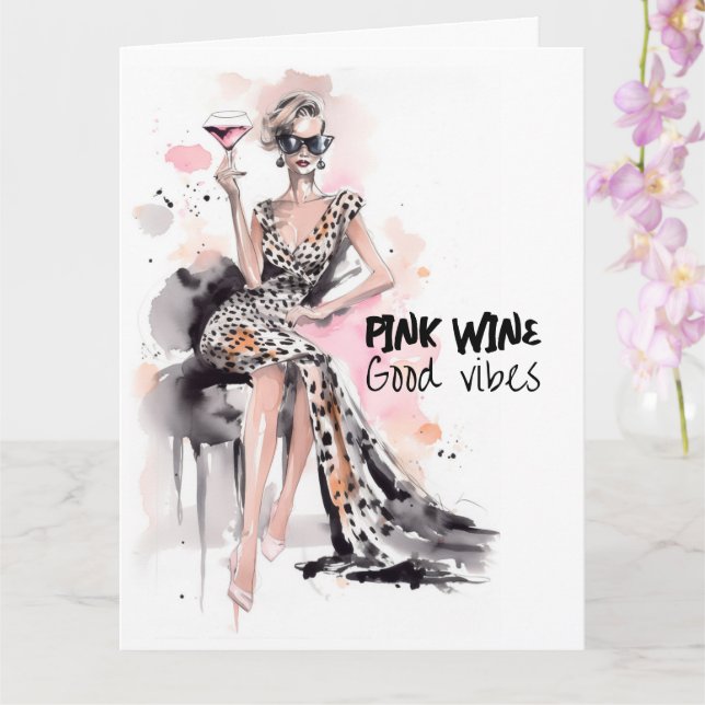 Carte Mode fille léopard robe de vigne rose aquarelle (Orchidée)