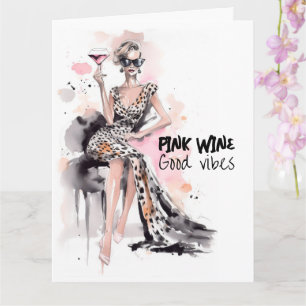 Carte Mode fille léopard robe de vigne rose aquarelle