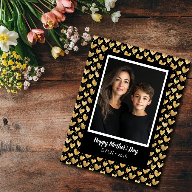 Carte Mode foncé Coeurs d'or Fête des mères (Dark mode faux gold hearts Mother's Day card)