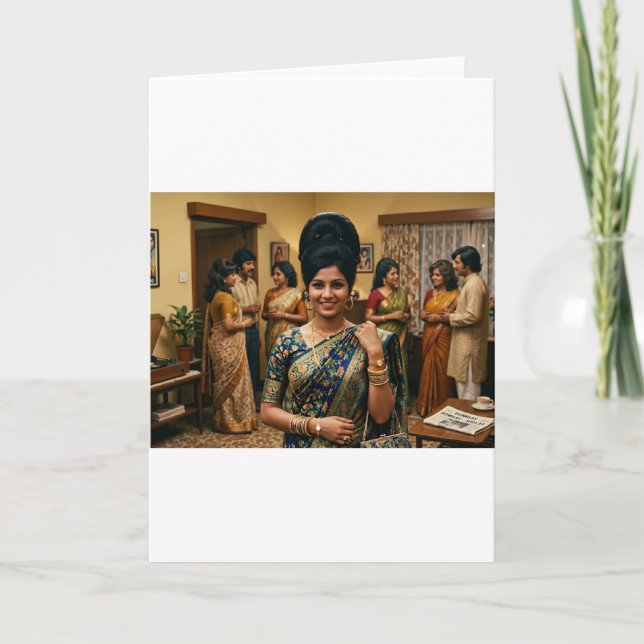 Carte Mode indienne rétro des années 1970 et coiffure bo (Devant)