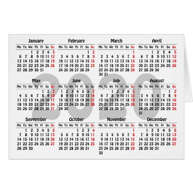 Carte modèle calendrier 2020 (Devant Horizontal)