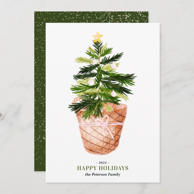 Carte Modern Christmas tree watercolor bow illustration (Devant / Derrière)