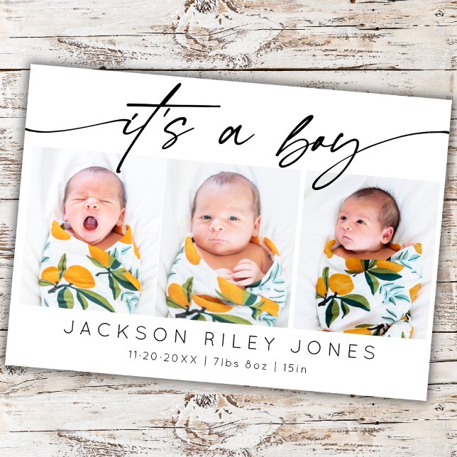 Carte Modern It's a Boy Baby Newborn 3 Photo Collage (Créateur téléchargé)