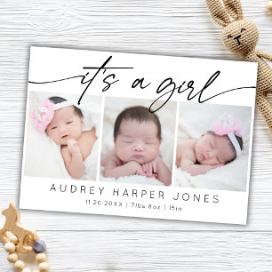 Carte Modern It's a Girl Baby Newborn 3 Photo Collage