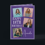 Carte Modern Purple 4 Photo Collage 18e anniversaire<br><div class="desc">Célébrez un anniversaire marquant avec un collage de quatre photos moderne et élégant. Ce design capture des souvenirs chéris et ajoute une touche personnelle à une célébration du 18ème anniversaire,  en faisant un souvenir à trésor.</div>
