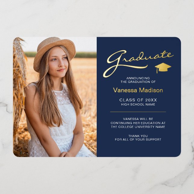 Carte moderne 2 photo Marine Blue & Gold Foil Grad (Recto)