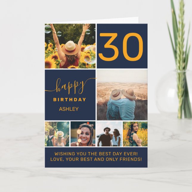 Carte Moderne 30 anniversaire orange bleu 6 photo collag (Devant)