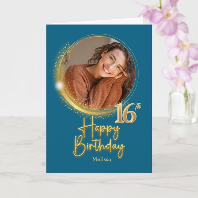 Carte Moderne Anniversaire 16 Ans Photo Nom Bleu & Or (Orchidée)