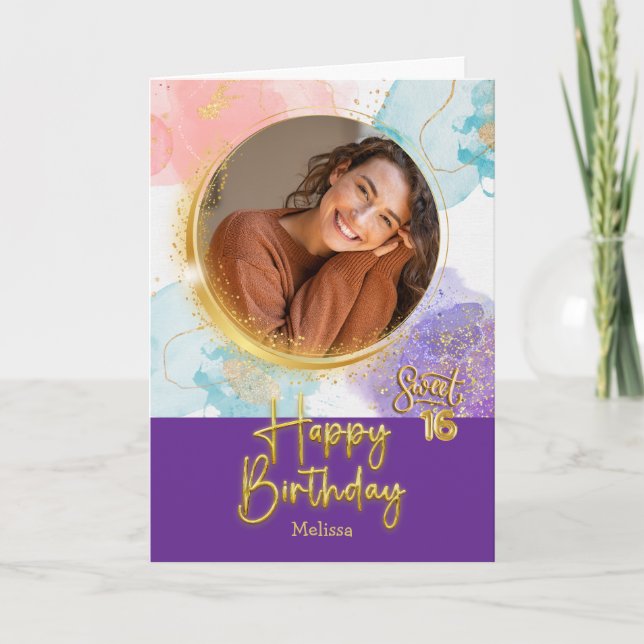Carte Moderne Anniversaire 16 Ans Photo & Nom Pastel (Devant)