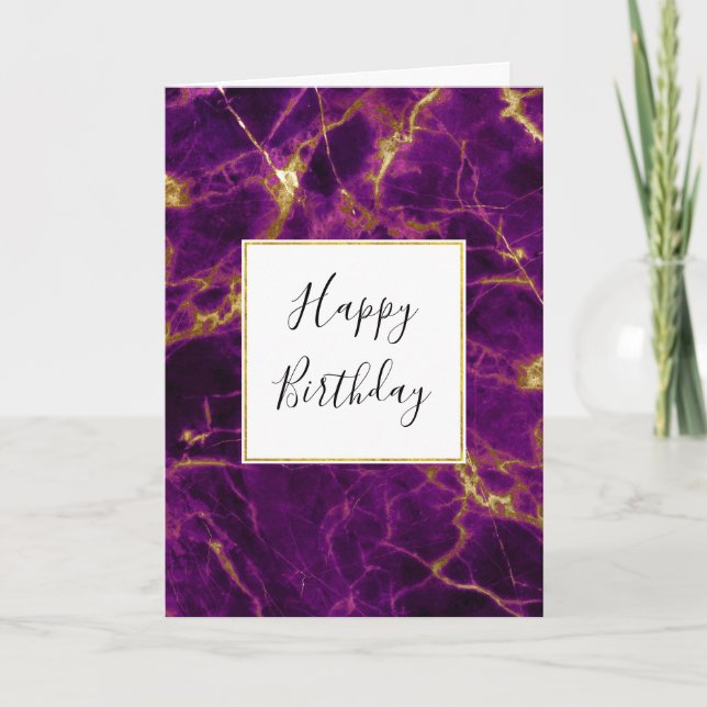 Carte Moderne Anniversaire Abstrait Marbre Violet et Or (Devant)