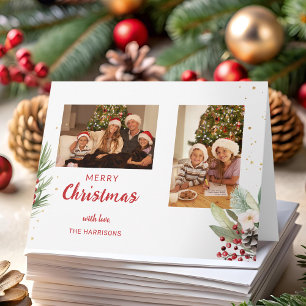 Carte Moderne aquarelle Noël botanique deux photos 