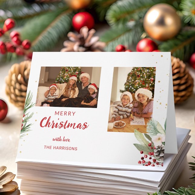 Carte Moderne aquarelle Noël botanique deux photos  (Créateur téléchargé)