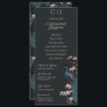 Carte moderne Black Floral Peacock Programme de ma<br><div class="desc">Ce programme de mariage élégant et moderne à un côté noir présente des illustrations à la main fleuries rustiques d'un oiseau paon bleu et turquoise, perché sur une branche d'un magnolia en pleine floraison, présentant des fleurs de magnolia crème et rose vif, le tout contre un arrière - plan noir...</div>