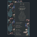 Carte moderne Black Floral Peacock Programme de ma<br><div class="desc">Ce programme de mariage élégant et moderne à un côté noir présente des illustrations à la main fleuries rustiques d'un oiseau paon bleu et turquoise, perché sur une branche d'un magnolia en pleine floraison, présentant des fleurs de magnolia crème et rose vif, le tout contre un arrière - plan noir...</div>
