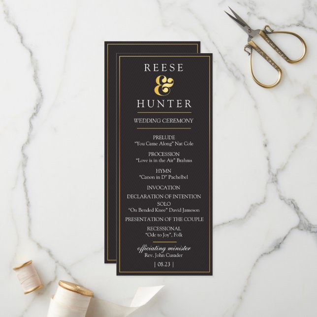 Carte moderne Black Gold Elegant Wedding Programme (Devant/Arrière en situation)