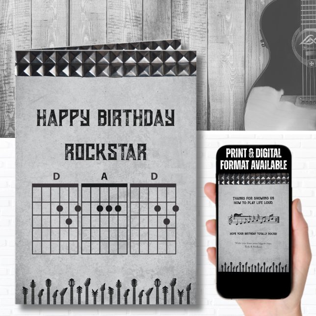 Carte Moderne Black Grey Rockstar Papa Joyeux anniversai (Unique Black/Gray guitar chord birthday card for the musician or heavy metal fan)