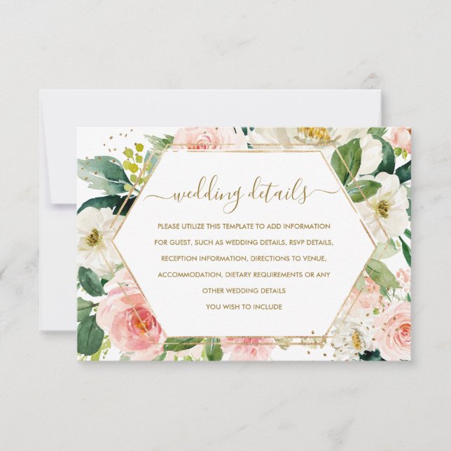 Carte moderne Blush Gold Floral Mariage Détails (Devant)