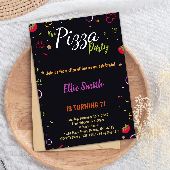 Carte moderne Cheesy Party pour enfants, Ados ou a (Black Pizza Birthday Invitations)