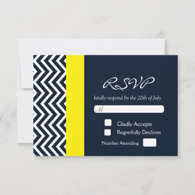 Carte moderne Chevron Navy bleu jaune mariage RSVP (Devant)